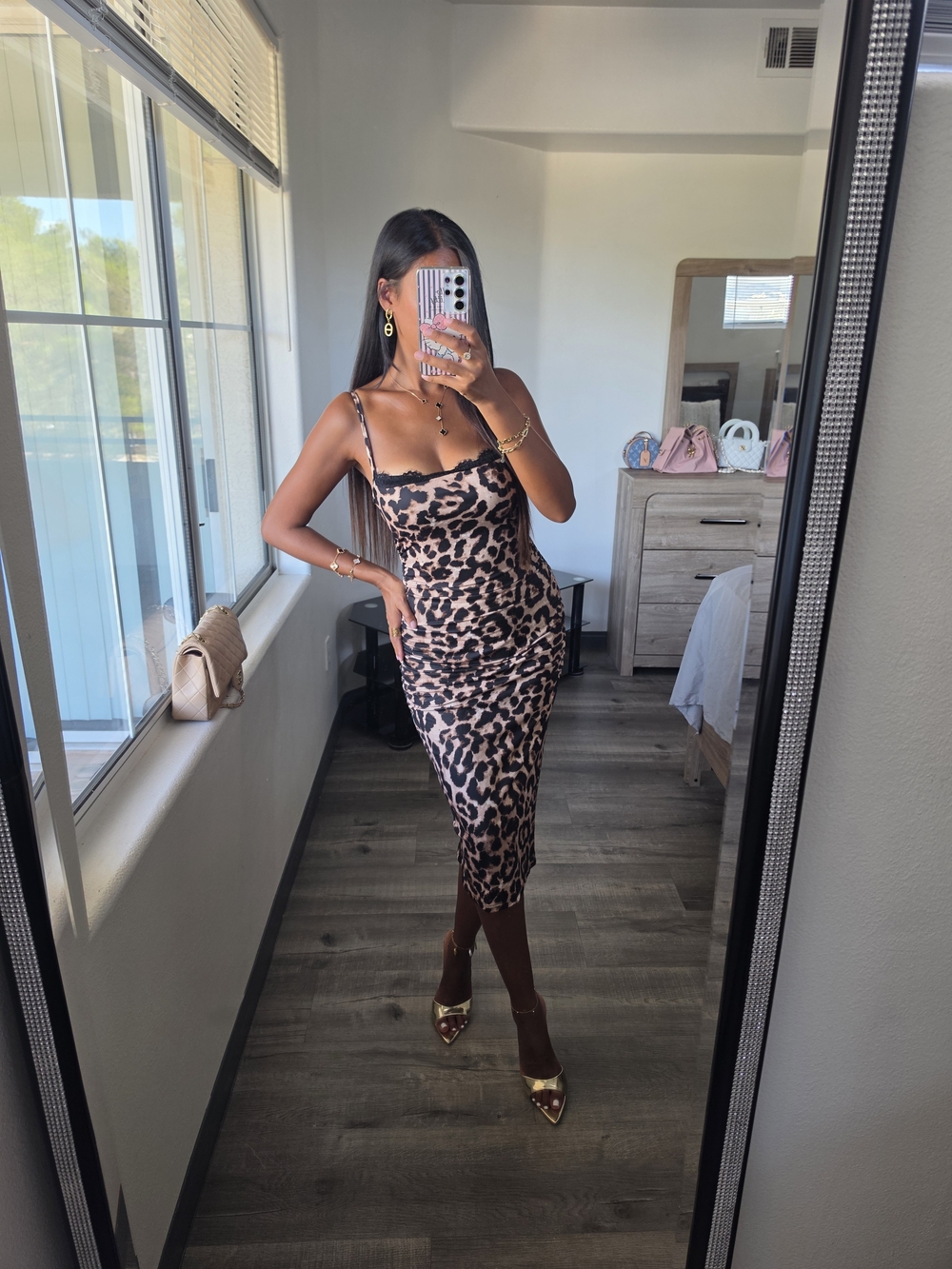Leopard Print Slip Midi Dress - Nude/Black Very Stretchy - Picture 14 of 17